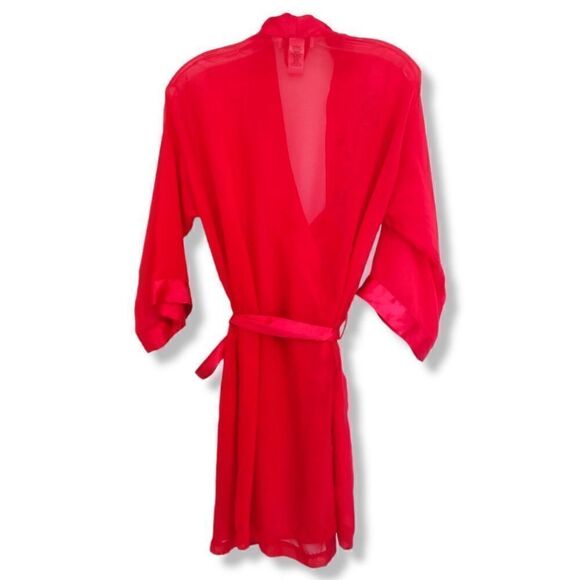Val Mode Lingerie Red Robe Sheer Chiffon LS Knee Length Open Front Satin Belt Vi - Picture 2 of 10